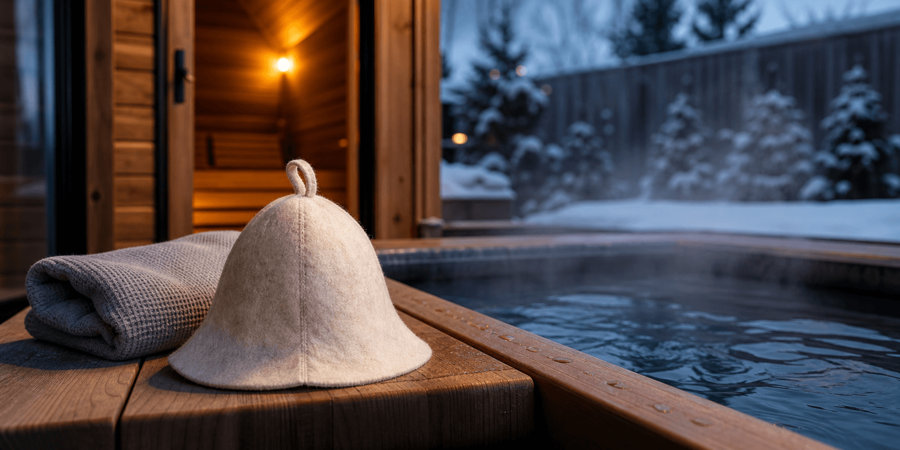 Natural wool sauna hat beside a cold plunge and warm sauna