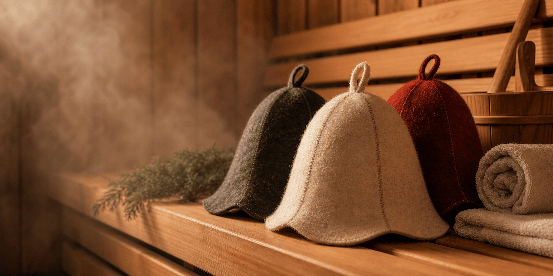 Natural wool sauna hats on a cedar sauna bench