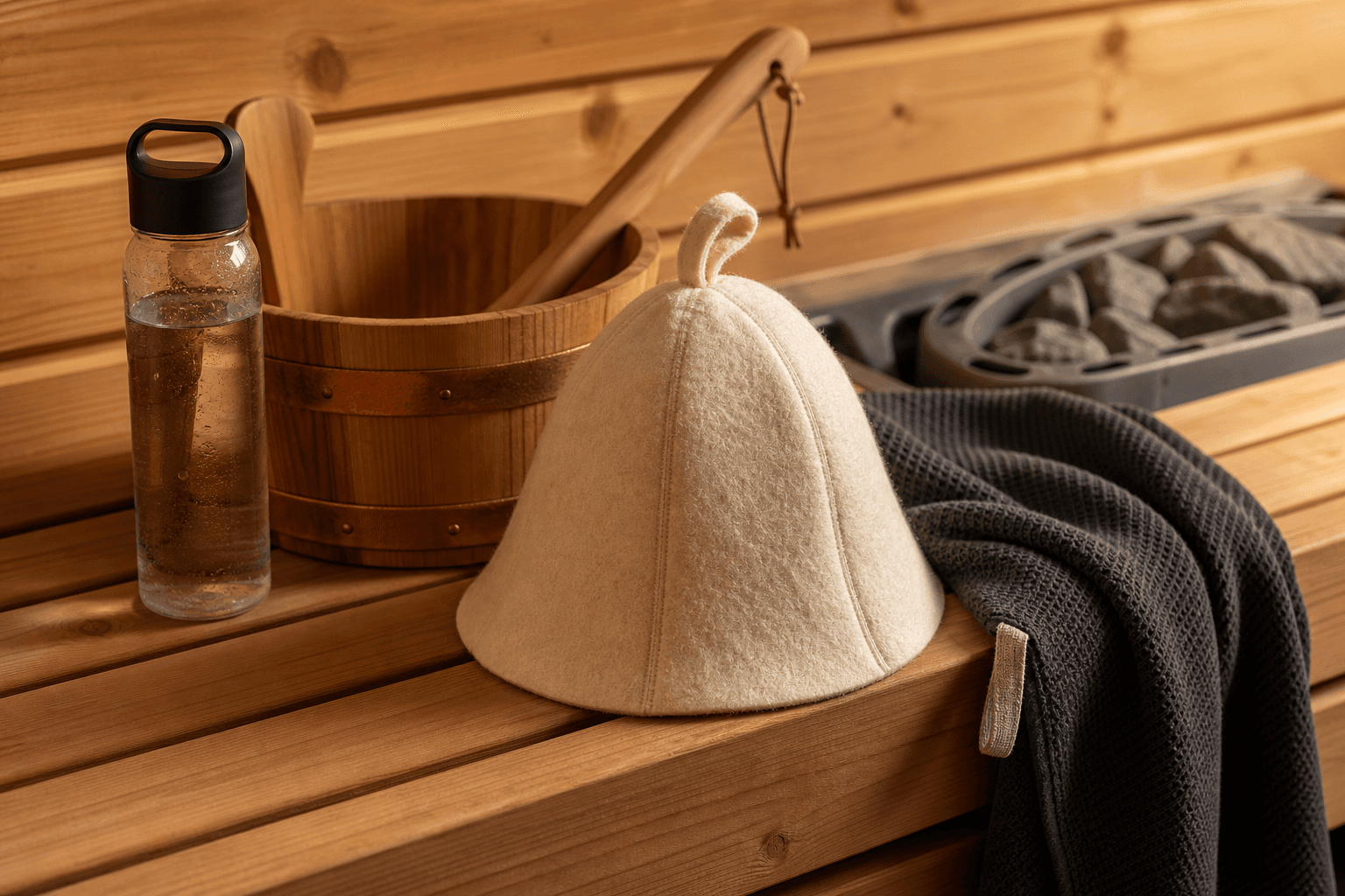 Natural wool sauna hat with sauna towel, bucket, ladle, and water bottle