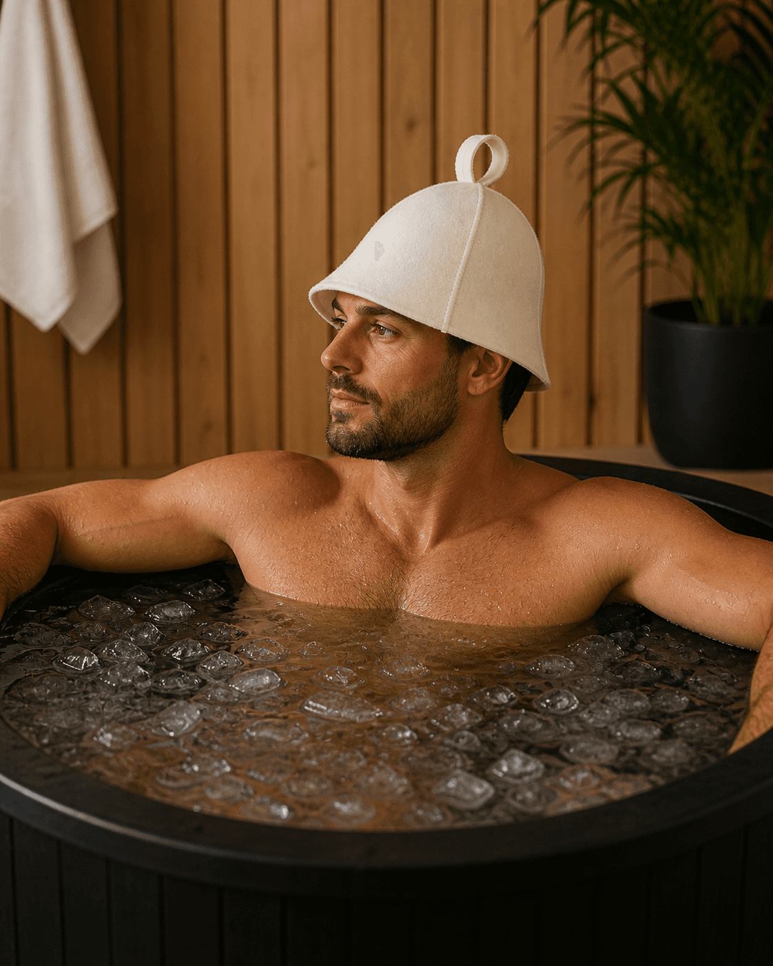 Man wearing a wool sauna hat while sitting in a cold plunge