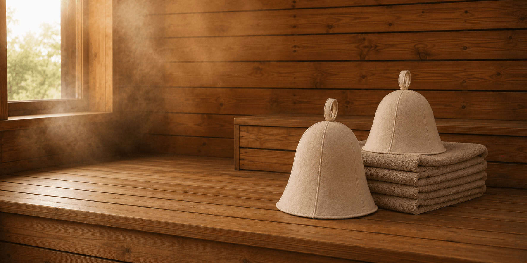 Wool sauna hats on a cedar sauna bench with steam