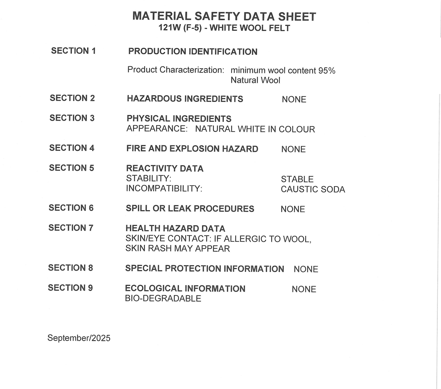 Material safety data sheet for white wool felt