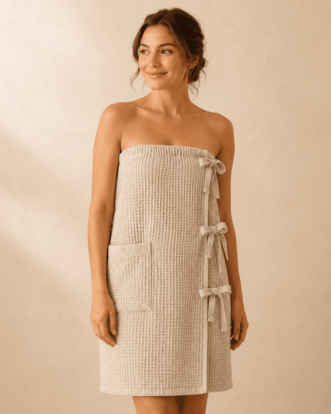 Woman wearing an organic cotton sauna covering