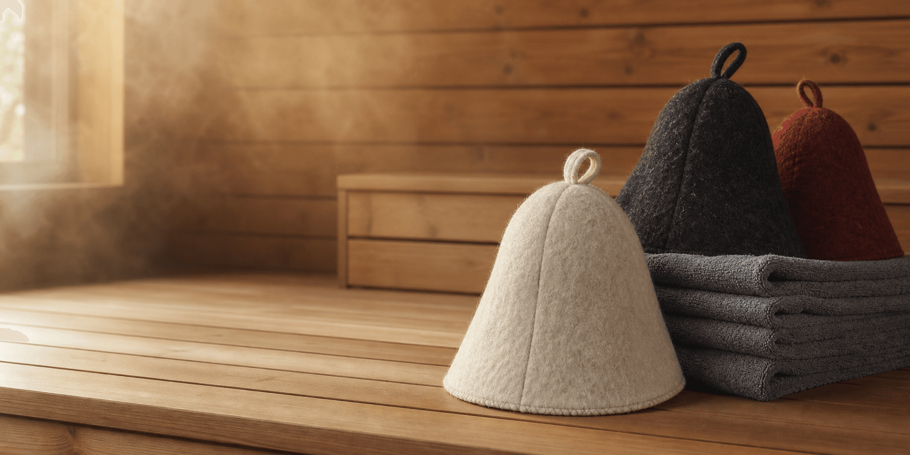 Classic ivory wool sauna hat on a cedar sauna bench